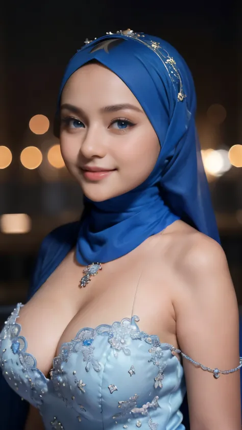 Beautiful, cute baby Face, 17 Years old russian lolita Girl, blue eyes, (wearing hijab) and sexy kebaya dress, Rounded small Breast, cleavage cutout, slightly Chubby , luxury necklace, White Skin, Smiling, Dark City Background, mid shot, upper body, Perfec...
