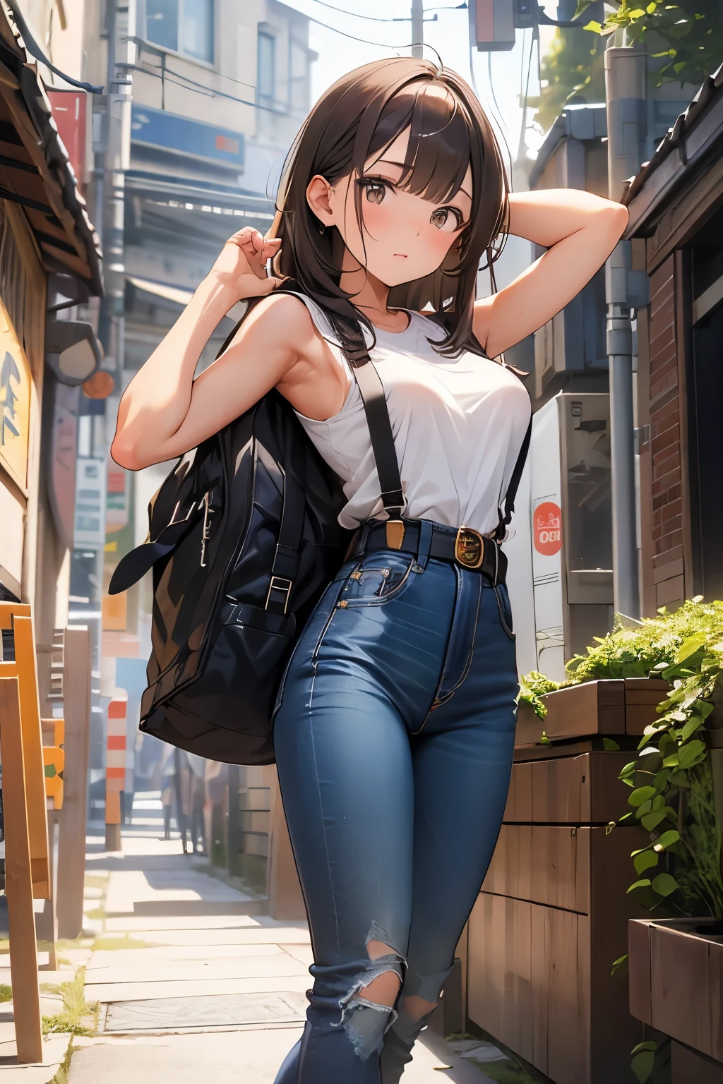 brown hair、looking at the viewer　　suspenders　　　Bulging big breasts　　 　 　　　　jeans　boots　　　　　Gaze　　　small face　bangs 　　　　　Beauty　　hands up　　 　Gaze 　黒いboots 　provocation　　armpit sweat　one person 　　put your hands behind your back　cutter shirt　　belt