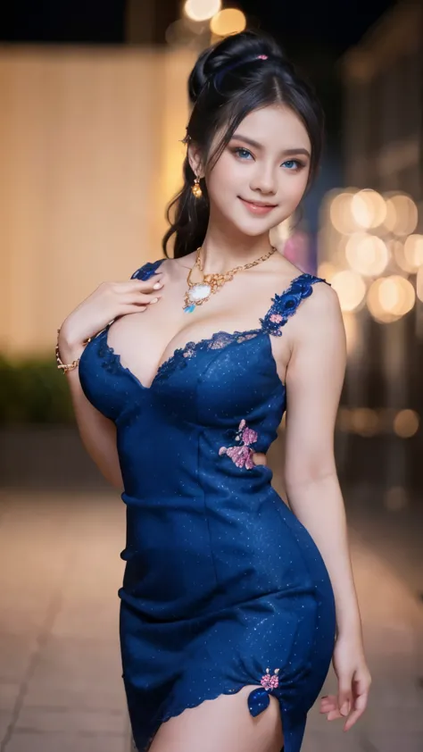 Beautiful, cute baby Face, 17 Years old russian lolita Girl, blue eyes, high ponytail hair, black hair, hair ornaments, wearing sexy pink kebaya dress, Rounded medium Breast, cleavage cutout, slightly Chubby , luxury necklace, White Skin, Smiling, Dark Cit...