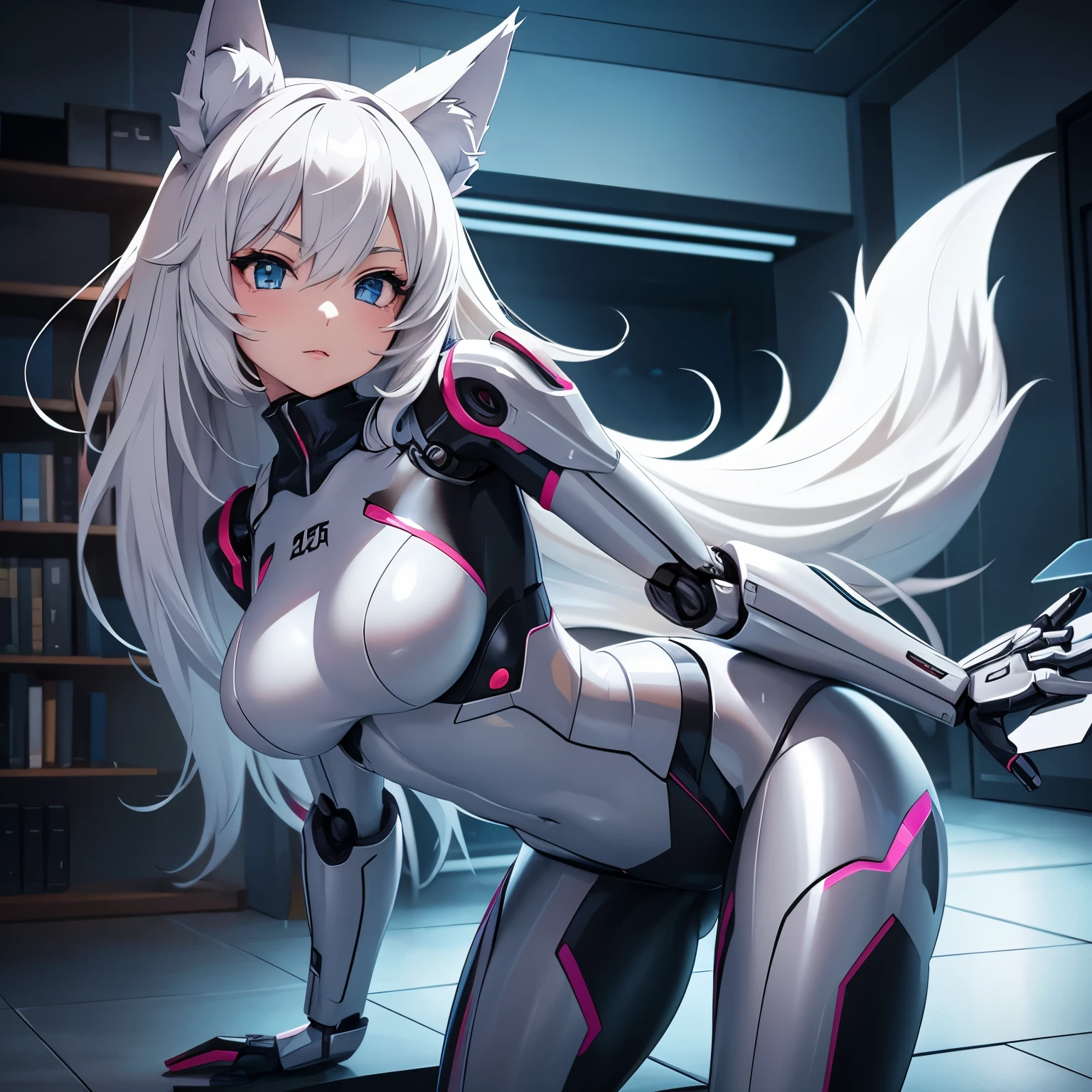 Imagen anime de una chica robot que tiene un cuerpo robótico., está en ropa interior y tiene orejas de lobo y cola y está en una habitación 