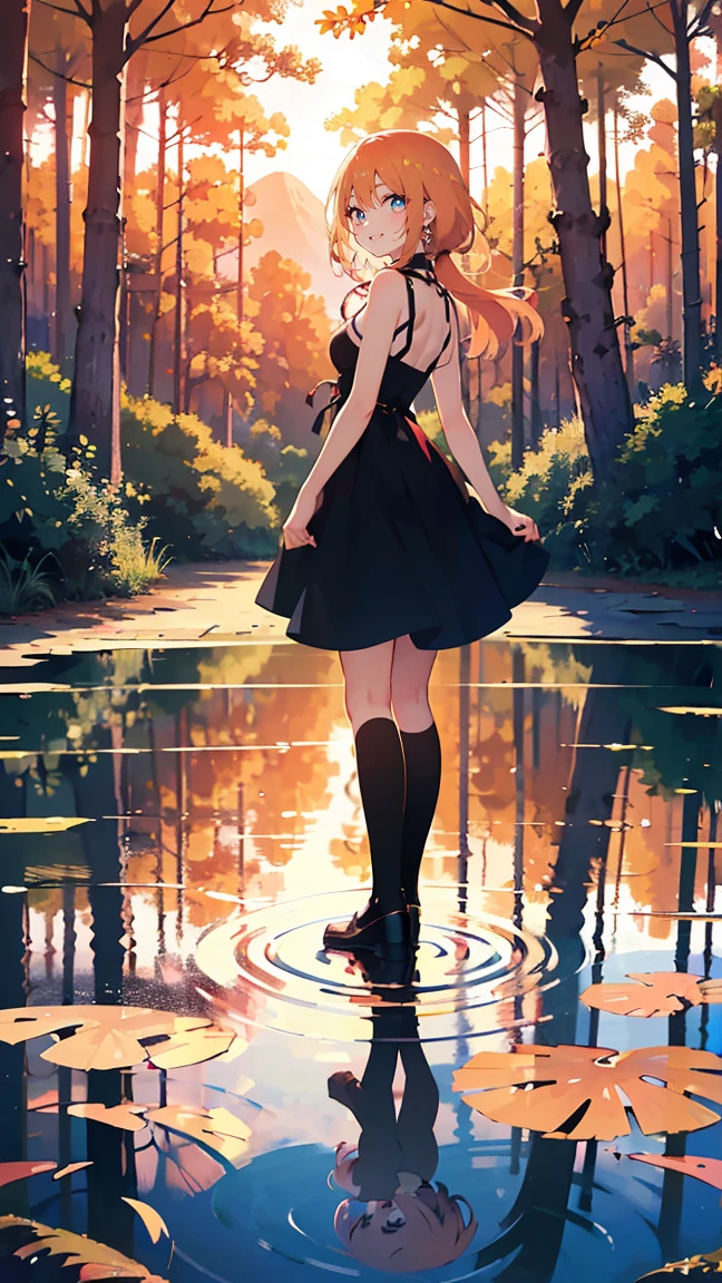 Obra maestra, mejor calidad, extremadamente detallado, Chica anime with long hair and a black dress posing for a picture, sayori, linda chica anime visual, estilo de arte anime moe,  en un vestido, Chica anime weaTambiéng a black dress, pretty Chica anime, (Chica anime), cute Chica anime, Linda esposa anime con un bonito vestido, attractive Chica anime, beautiful Chica anime, También, arte cg anime suave, paisaje urbano,oscuridad, gradient sky,horizonte,(horizonte montañosote:1.1),cielo naranja, luz de sol, amanecer, atardecer,(árbol:1.3),(Sunset reflected in a charco:1.4),(en el bosque:1.5),(charco:1.3), Después de la lluvia,