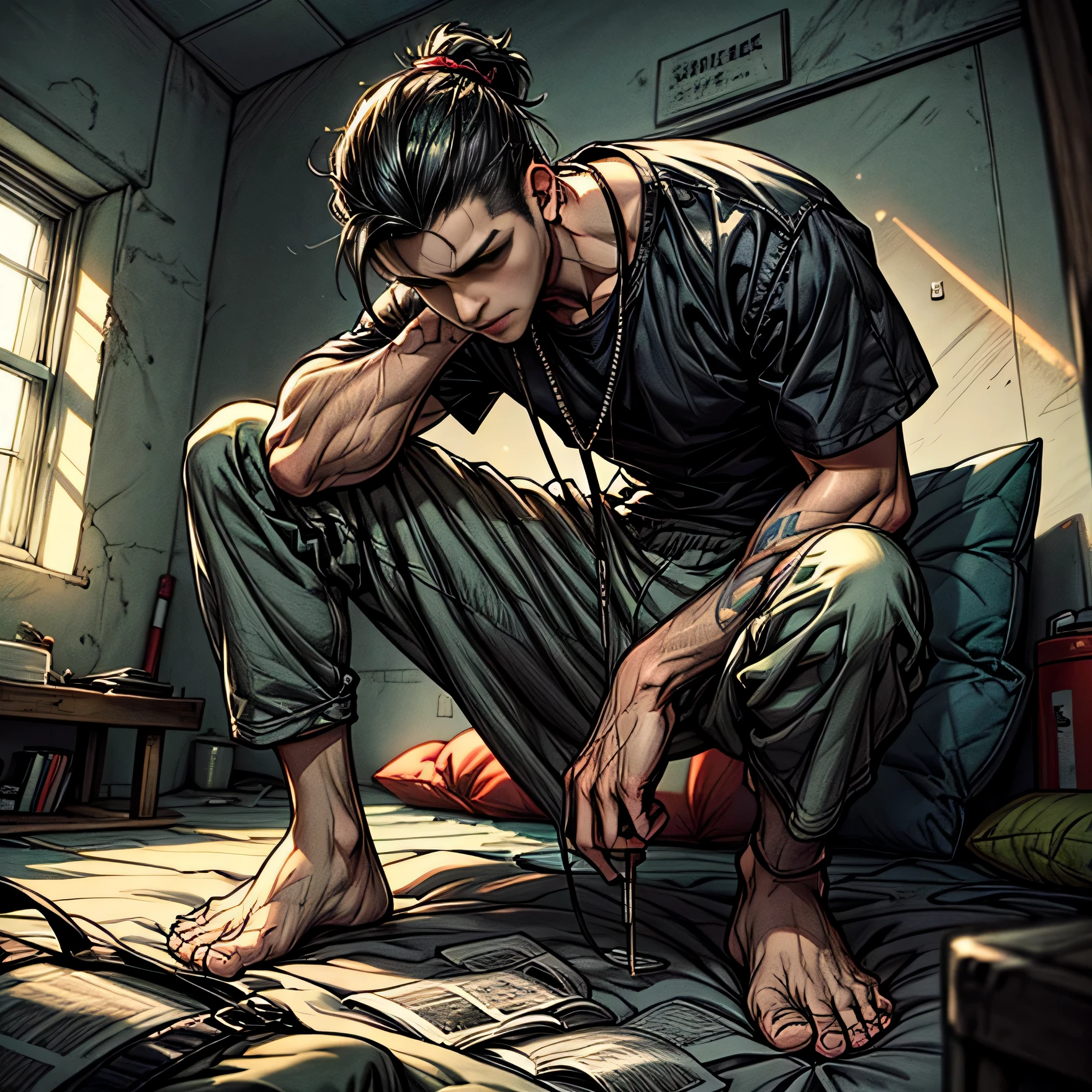 (1 Adult male), A high resolution, Sharp focus, Pixiv masterpiece, ((Complicated details)) ,highly detailed, sitting in a prison cell, barefoot sandals, ((Veiny_Feet1:1)), ((Veiny_Hands1:1)), topless, orange prison pants, precum through prison pants, feet in frame, tattoos on arm, dim room, prison bed in background, masturbation through clothes, Monstrous bulge