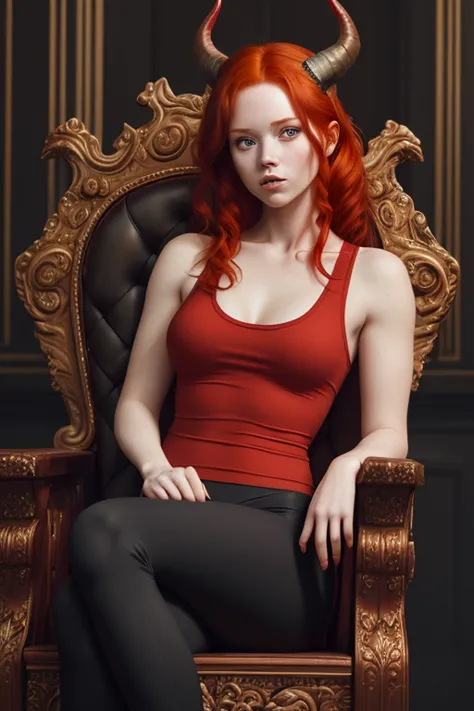 there is a woman sitting on a throne wearing a set: tank top and yoga pants, sample neckline, red-haired girl, horns on her head...