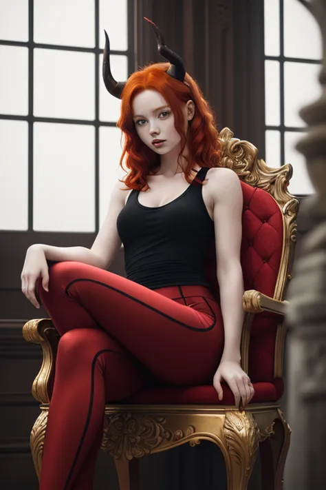 there is a woman sitting on a throne wearing a set: tank top and yoga pants, sample neckline, red-haired girl, horns on her head...