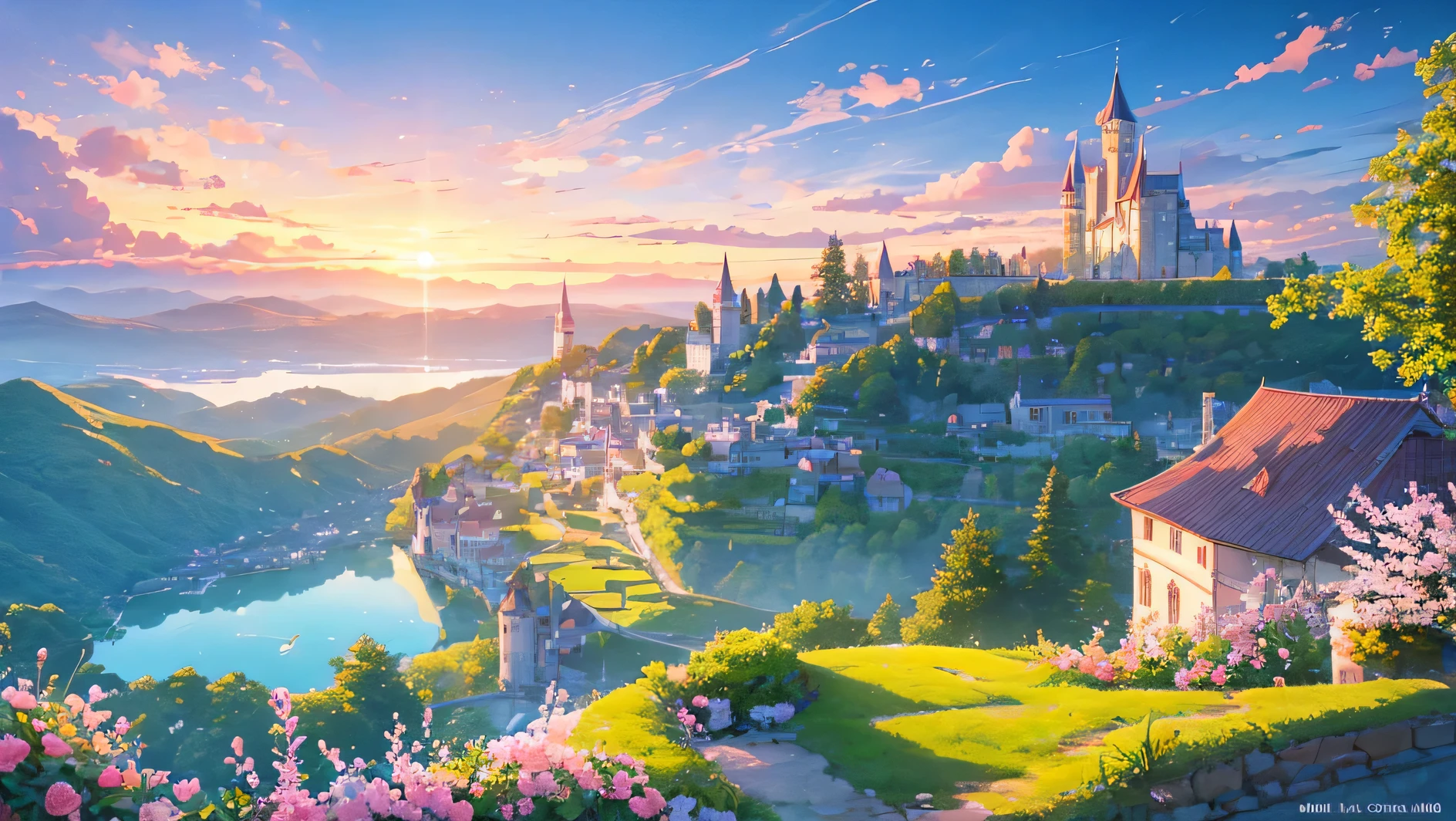 ein riesiges Schloss romantisch und mädchenhaft in einem Tal 10 Uhr morgens, ein See aus Wasser, viele rosa und roségoldene Blumen und ein wunderschöner Himmel mit Wolken
