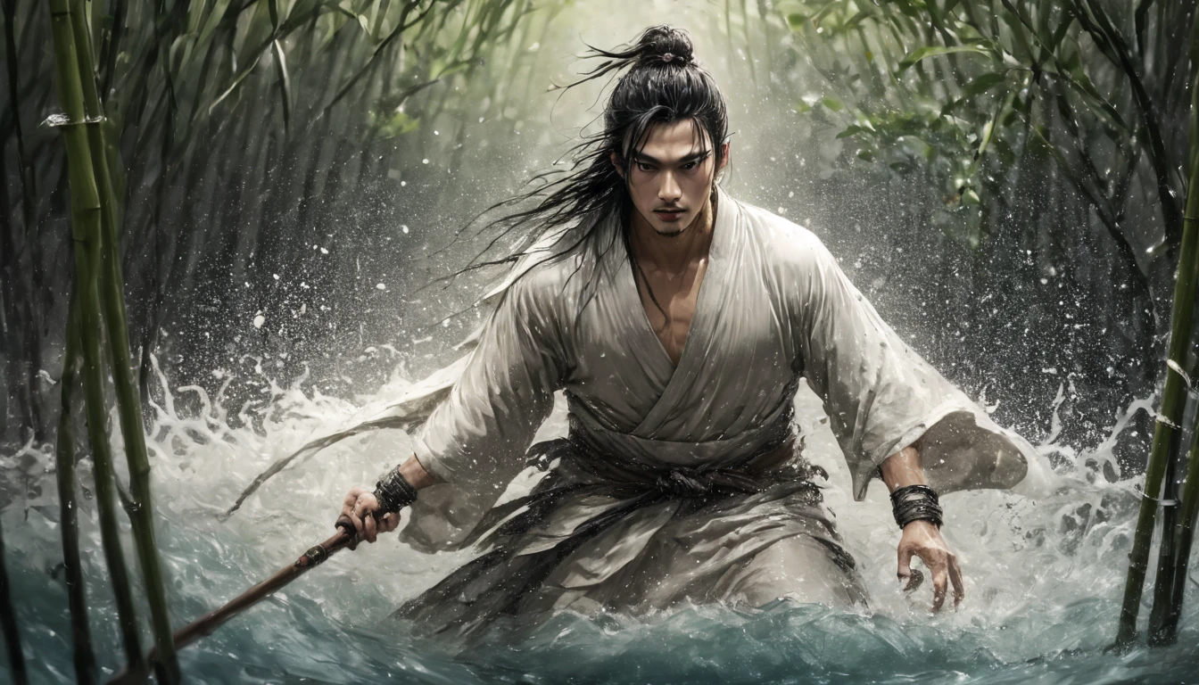 (Realistic),masterpiece,best quality,cinematic lighting,natural shadow,highest detail,professional photography,detailed background,depth of field,insane details,intricate,aesthetic,subsurface scattering,dynamic angle,A young and handsome male swordsman in white Han costume stands in the water, He waved his sword,Doing very cool moves, The water in the gourd overflowed, water droplets, sparkling, bamboo forest, river, Bamboo leaves fall, Chasing the light, animation style images, CG animation, Fantasy artwork,lower style
