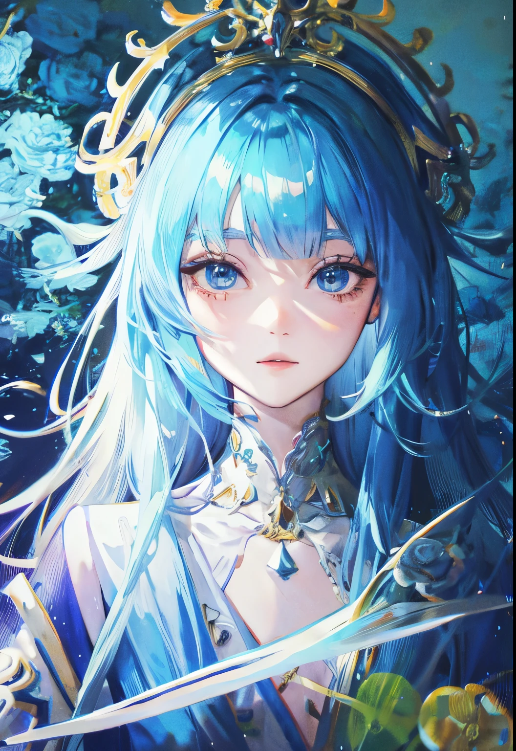 A close up of a woman with blue hair and a sword - SeaArt AI