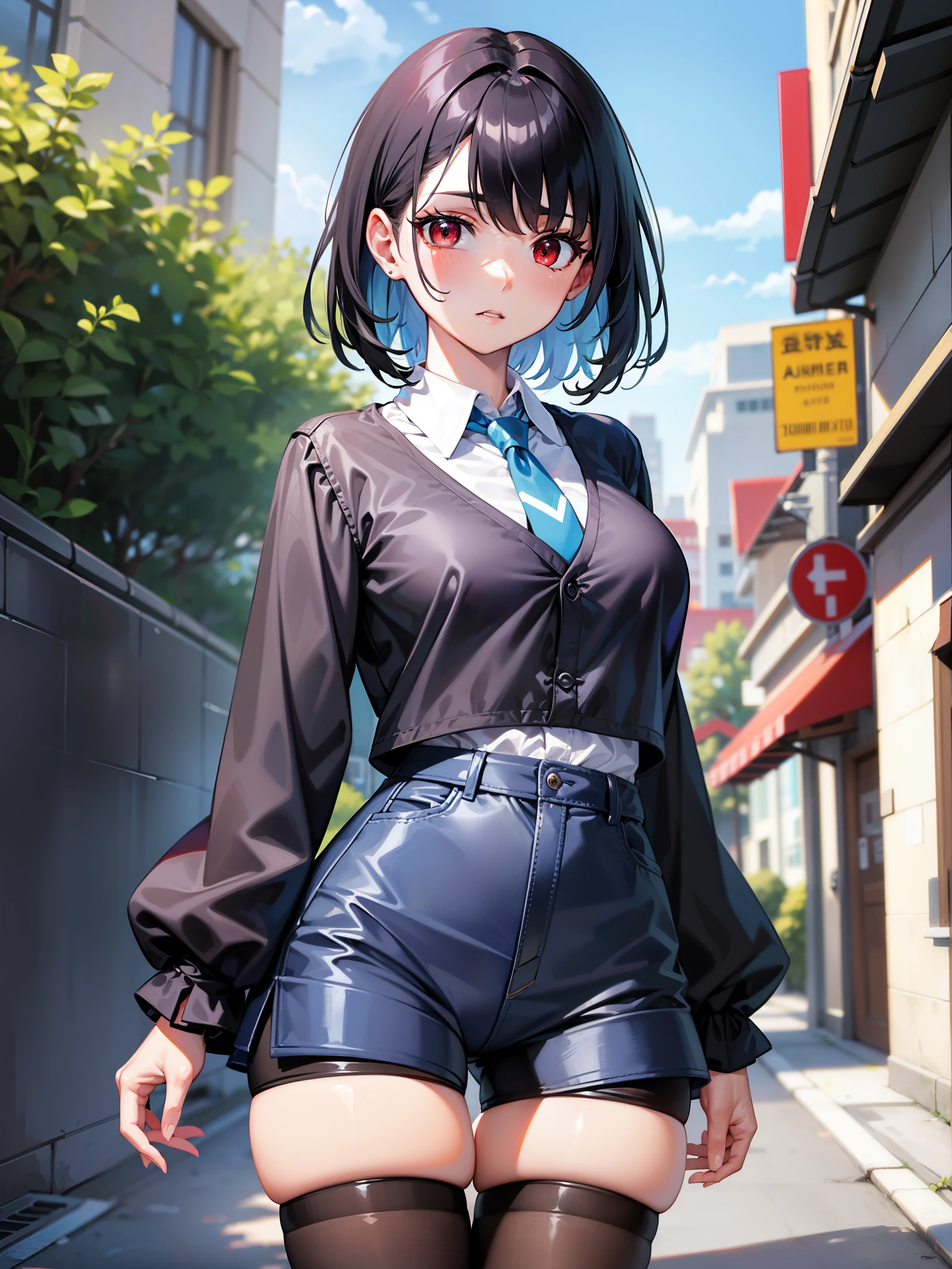 Anime girl in short shorts and a shirt posing on a street - SeaArt AI