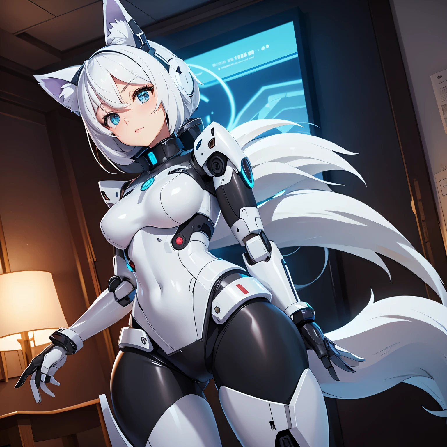 Imagen de estilo anime de una chica robot Android que tiene un cuerpo robótico., esta en ropa interior y tiene orejas de lobo y cola que esta en una habitacion 