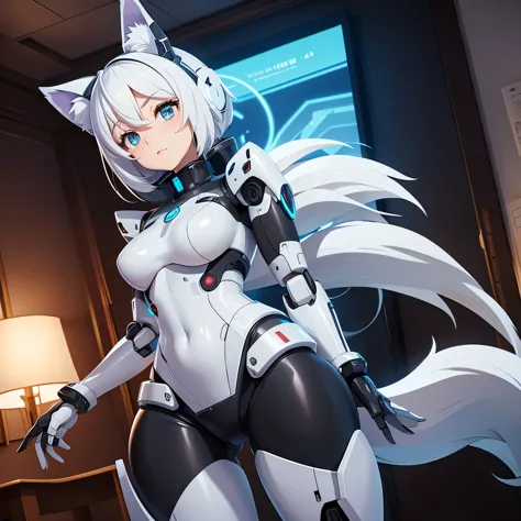 Anime style image of an Android robot girl who has a robotic body, is in underwear and has wolf ears and a tail who is in a room...