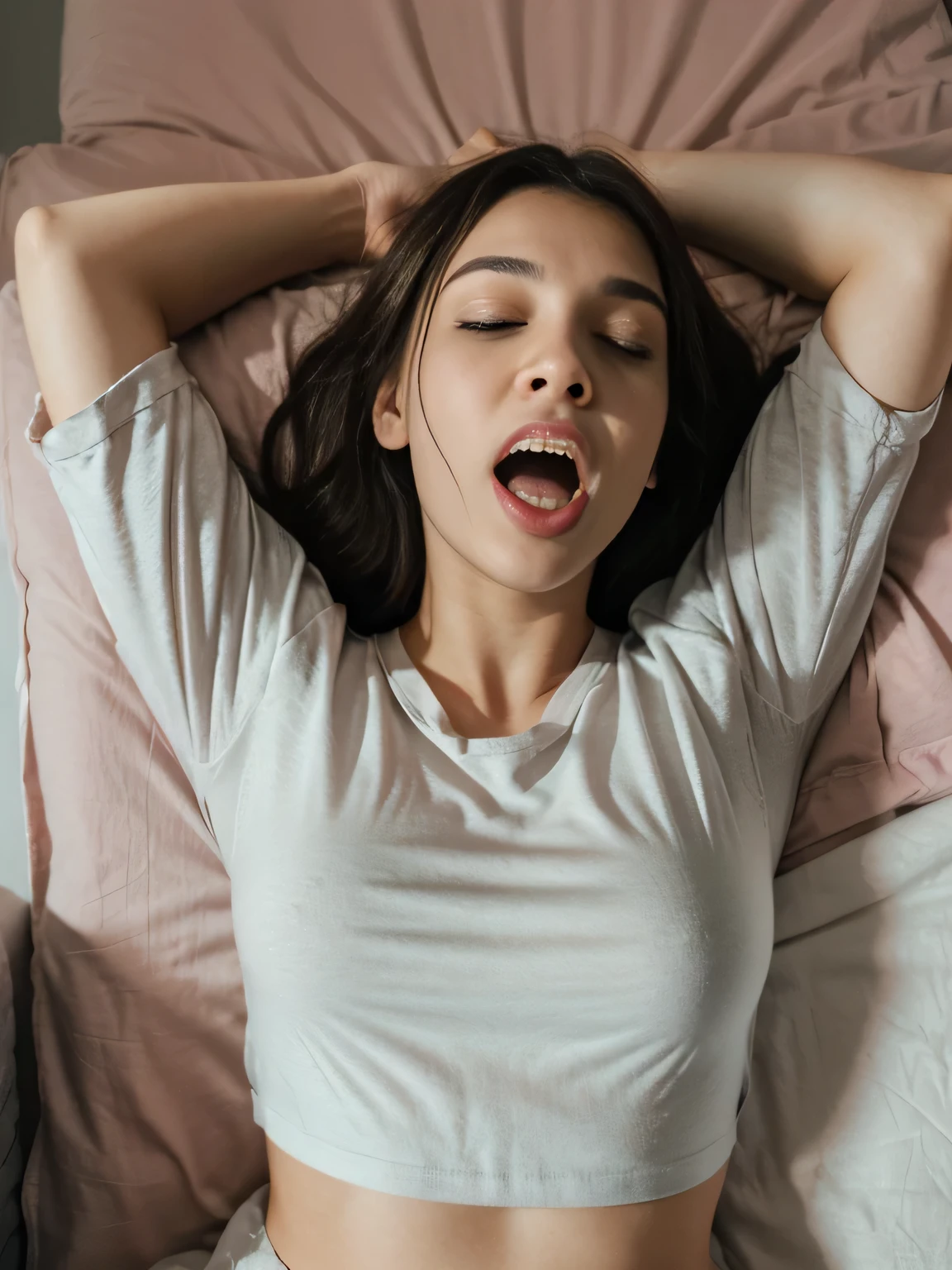 20-year-old girl in pajamas and a black top covered with a sheet on the bed and with her mouth open, the girl&#39;s mouth is big and open,, she has her tongue out, she is very sleepy, ela boceja muito ao mesmo tempo, boca totalmente aberta, ela tem a boca muito aberta, your mouth is exaggeratedly open and showing your tongue, has his eyes closed, facial expression of sleeping and just waking up, she's stretching out (one of the arms up and the other arm is in front of the mouth)