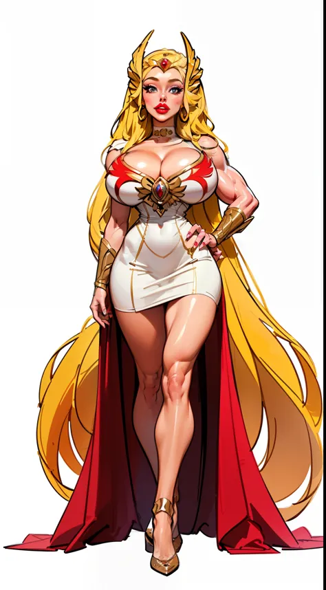 ((she-ra aesthetic)), ((full body view:1.4)), ((masterpiece)),(((best quality))), ((mature face)), defined cheekbones, high cheekbones, illustration, ((muscular:1.3)), ((gold:1.4)), sexy bimbo, (gigantic breasts:1.7) , blonde hair, ((detailed face:1.4)) be...