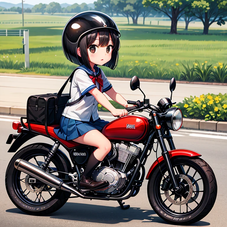 high quality,Super Cub,bike,High school girl,jet helmet,black hair,brown eyes,short bob cut,young face,uniform,On the road,country road