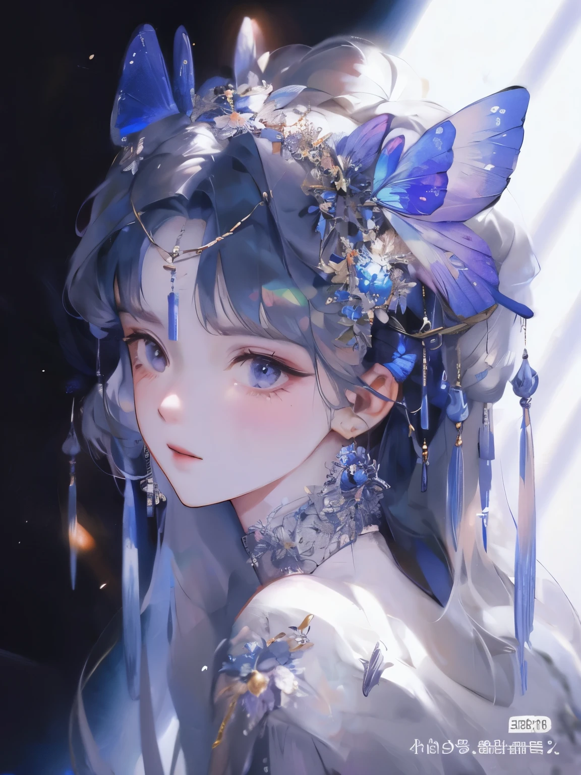 anime girl with butterfly wings and blue dress holding a butterfly, fantasy art style, beautiful character painting, by Yang J, beautiful young wind spirit, beautiful fantasy anime, 8k high quality detailed art, with beautiful wings, beautiful fantasy art, beautiful digital artwork, digital fantasy art ), a beautiful fantasy empress, artwork in the style of guweiz, by Li Song
