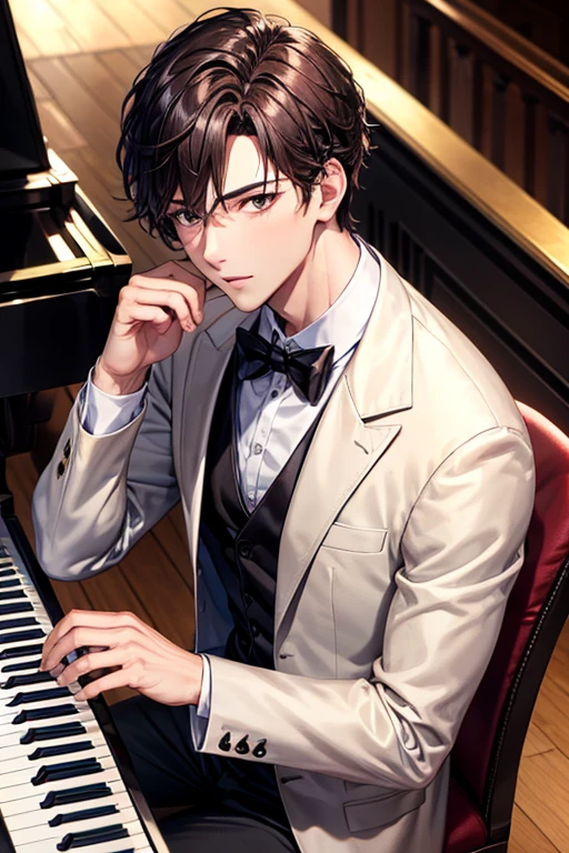 a handsome guy、pianist、Playing the Grand Piano、brown short hair、brown eyes、long sleeve、tuxedo、In the concert hall、High resolution、In 8K、sharp focus、zoom、with the best image quality、highest quality