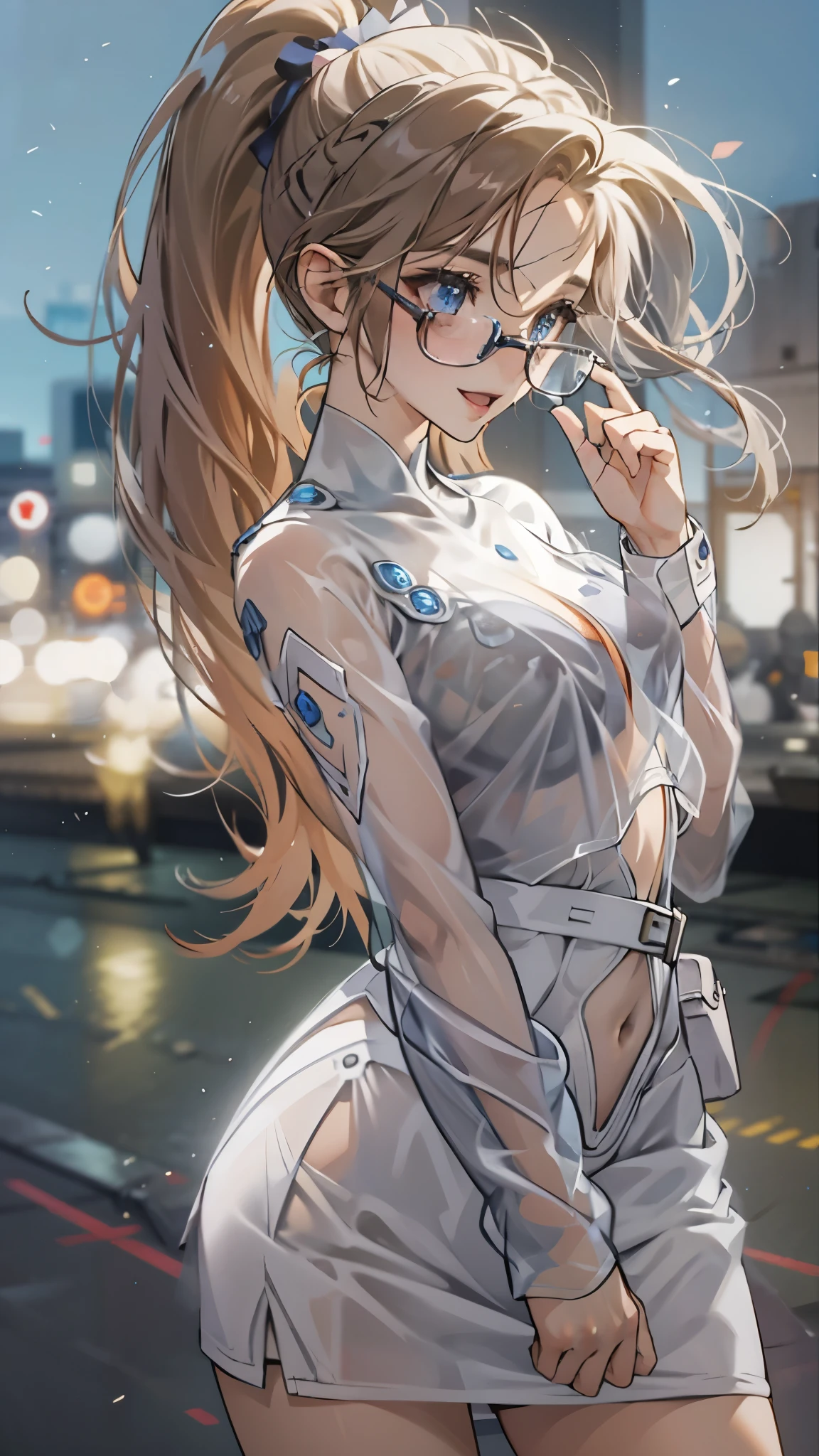 woman,20-year-old,,city,night,white tight miniskirt bodysuit,(),open mouth smile((See-through))glasses,((beautiful long ponytail))