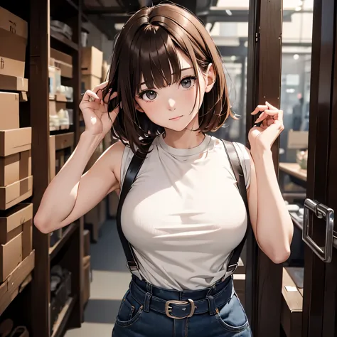 brown hair、looking at the viewer　　suspenders　　　Bulging big breasts　　 　 　　　　jeans　boots　　　　　Gaze　　　small face　bangs 　　　　　Beauty　　...
