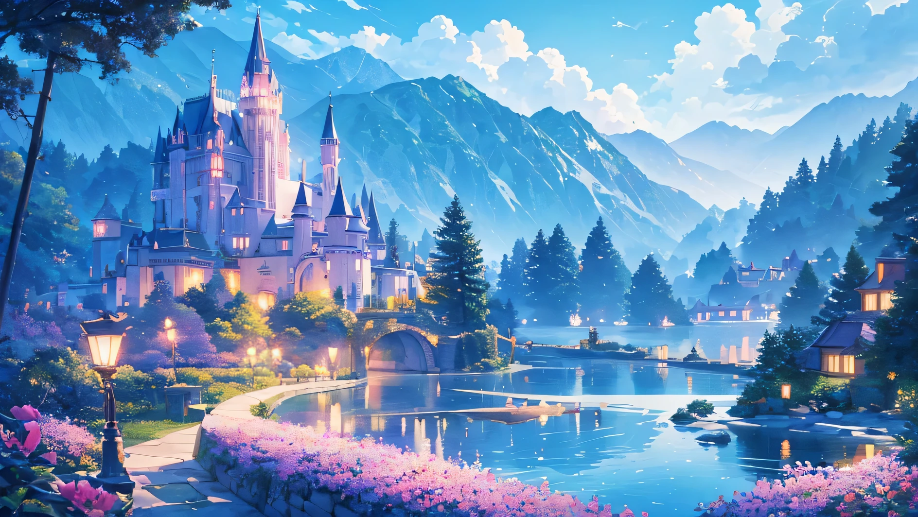 beautiful castles in the night in a lake, some castles are floating and it's the night with clouds and stars. Romantic with dragons and pink flowers