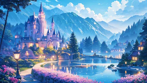 beautiful castles in the night in a lake, some castles are floating and it's the night with clouds and stars. romantic with drag...