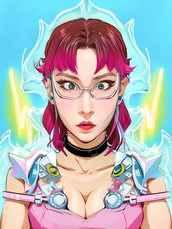 Anime-Mädchen mit rosa Haaren und Brille hält ein Messer, heiliges Cyborg-Nekromanten-Mädchen, wütender weiblicher Cyborg, Charakter im Anime-Stil, Cyberpunk wütend wunderschöne Göttin, Illustration im Anime-Stil, perfekte Anime-Cyborg-Frau, Vaporwave Karikatur, Inspiriert von Leiko Ikemura, Porträt im Anime-Stil, 8 0 s Anime-Kunststil, Molly von Neuromancer, 8 0 s Anime-Stil