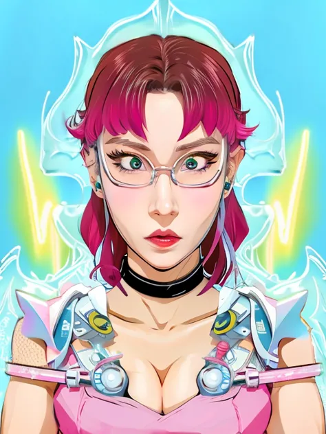 anime girl with pink hair and glasses holding a knife, holy cyborg necromancer girl, angry female cyborg, anime style character,...