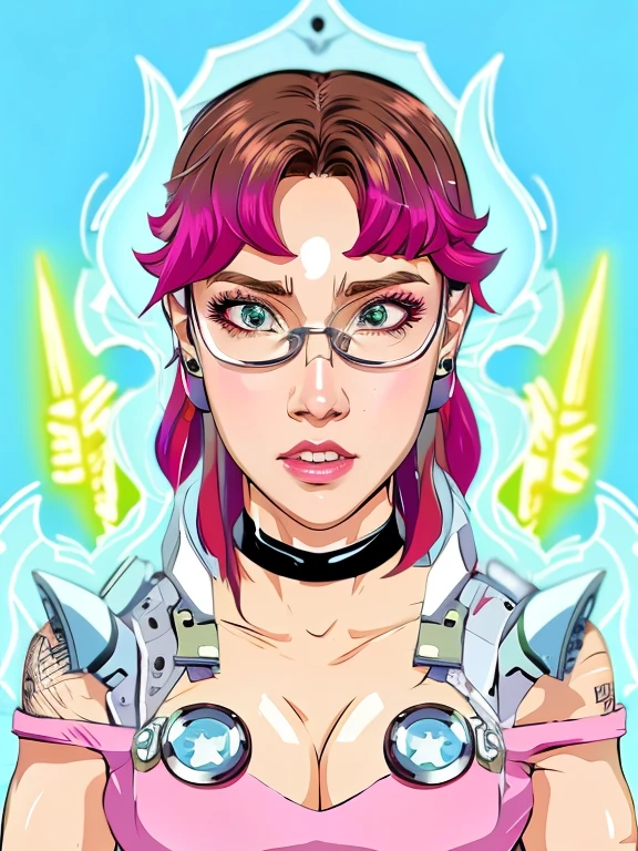 anime girl avec des cheveux roses et des lunettes tenant un couteau, fille nécromancienne cyborg sacrée, Cyborg féminin en colère, personnage de style anime, cyberpunk en colère magnifique déesse, Illustration de style animé, femme cyborg anime parfaite, dessin animé vaporwave, inspiré de Leiko Ikemura, anime style portrait, Style artistique animé des années 8 0, Molly du neuromancien, style anime des années 80