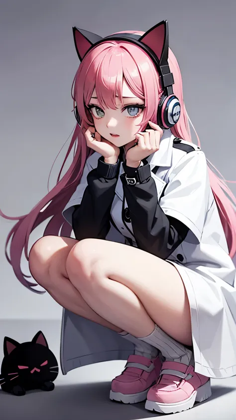 Girl with pink hair，long hair，With cat ear headphones，Wearing a long white trench coat，whole body，Wearing pink socks on legs