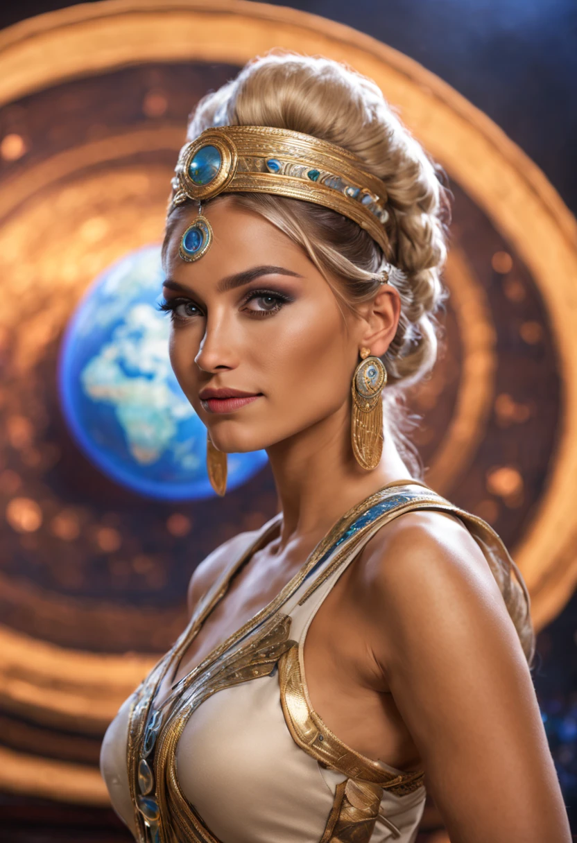 roman senate, beautiful busty native american woman, wearing tight fitting silk dress uniform, standing before a holographic planet display, blonde hair, long hair, ponytail, crown braid, tiara, mole under eye, sparkling eyes, seductive smile, Art Deco, UHD, masterpiece, ccurate, anatomically correct, super detail, award winning, best quality, highres, 8k, 4K, HD, 16k