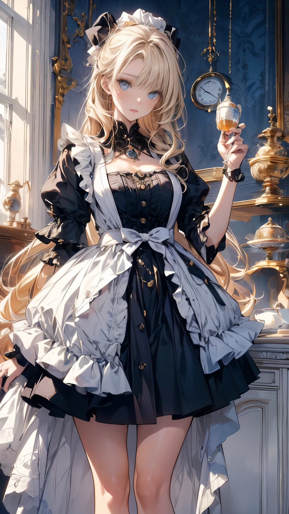 A woman in a maid outfit holding a glass of wine SeaArt AI