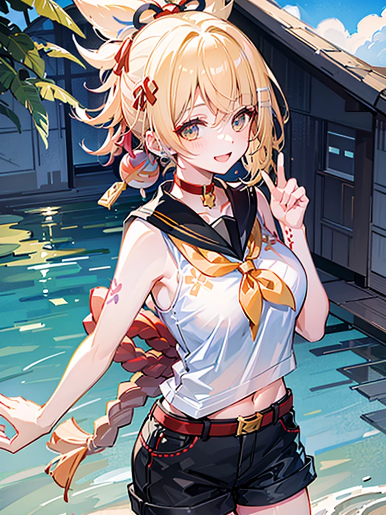 (kagamine_rin), happy, she loves you, blue eyes, (small breasts), slender, sleeveless, head phone, (gold hair), short hair, sailor collar, black short pants, white shirt, belt, young, shiny sky, outdoor 泳装 惊恐 big breast the huge breast