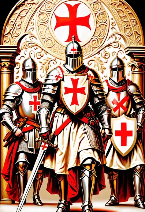 stunning illustration, intricately detailed Knights Templar take center stage, adorned with a red cross on their white shields, exude a medieval charm, background showcases the armory's intricate detail design, providing fitting of golden ratio backdrop, i...