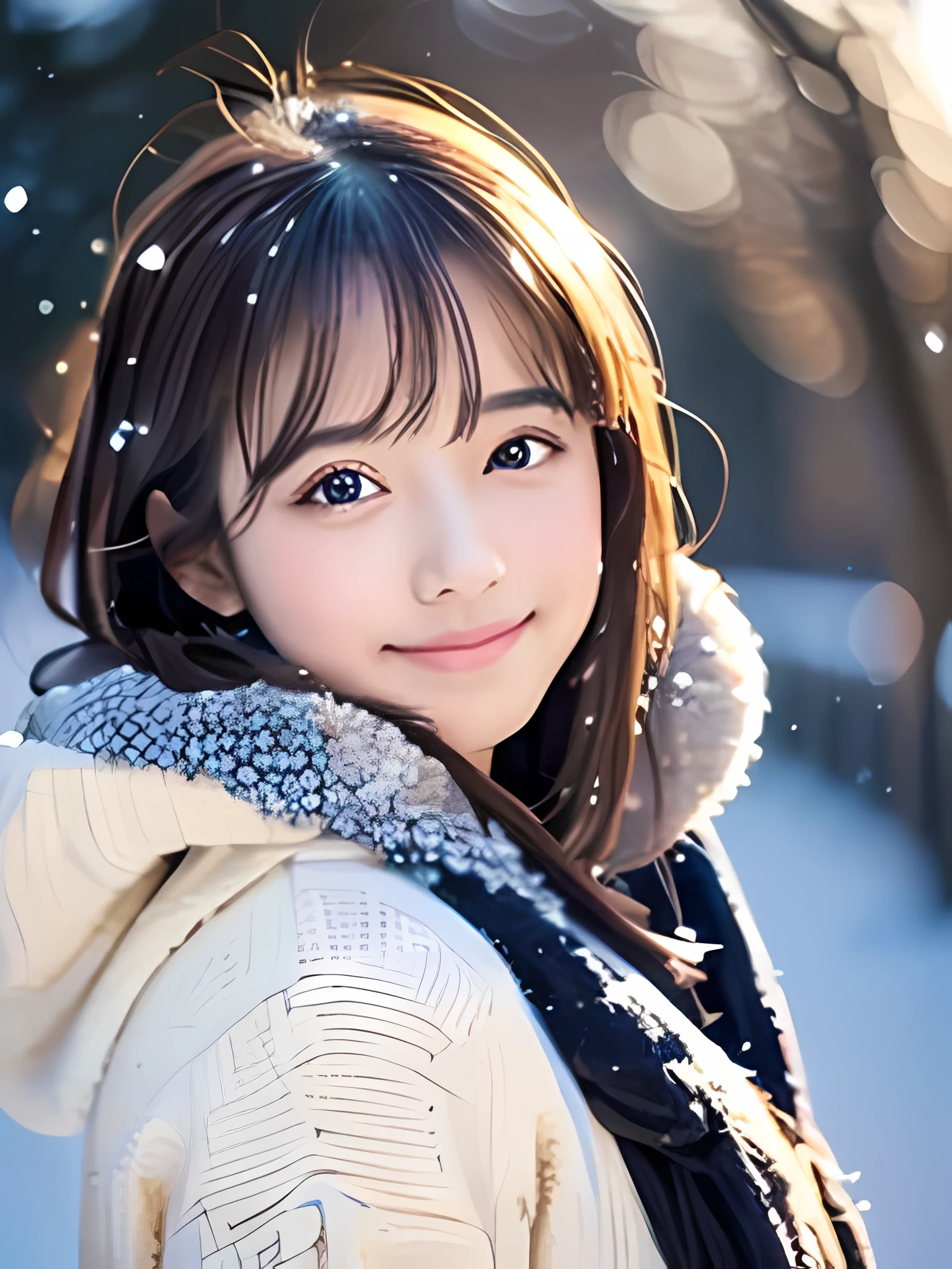 girl with, Snowy landscape, Winter wonderland, Cute and innocent look, rosy cheeks, Sparkling eyes, warm winter clothes, Poses in motion、footsteps in the snow, Falling snowflakes, Frosty tree, Snowy ground, soft snow texture, gentle and delicate lighting, Pastel color palette, dreamy ambiance, quirky and magical, A masterpiece of high resolution:1.2, Ultra-detailed, Realistic:1.37, Vivid colors, Bokeh、innocent smiles、Hair that flutters in the wind、Face Close-up