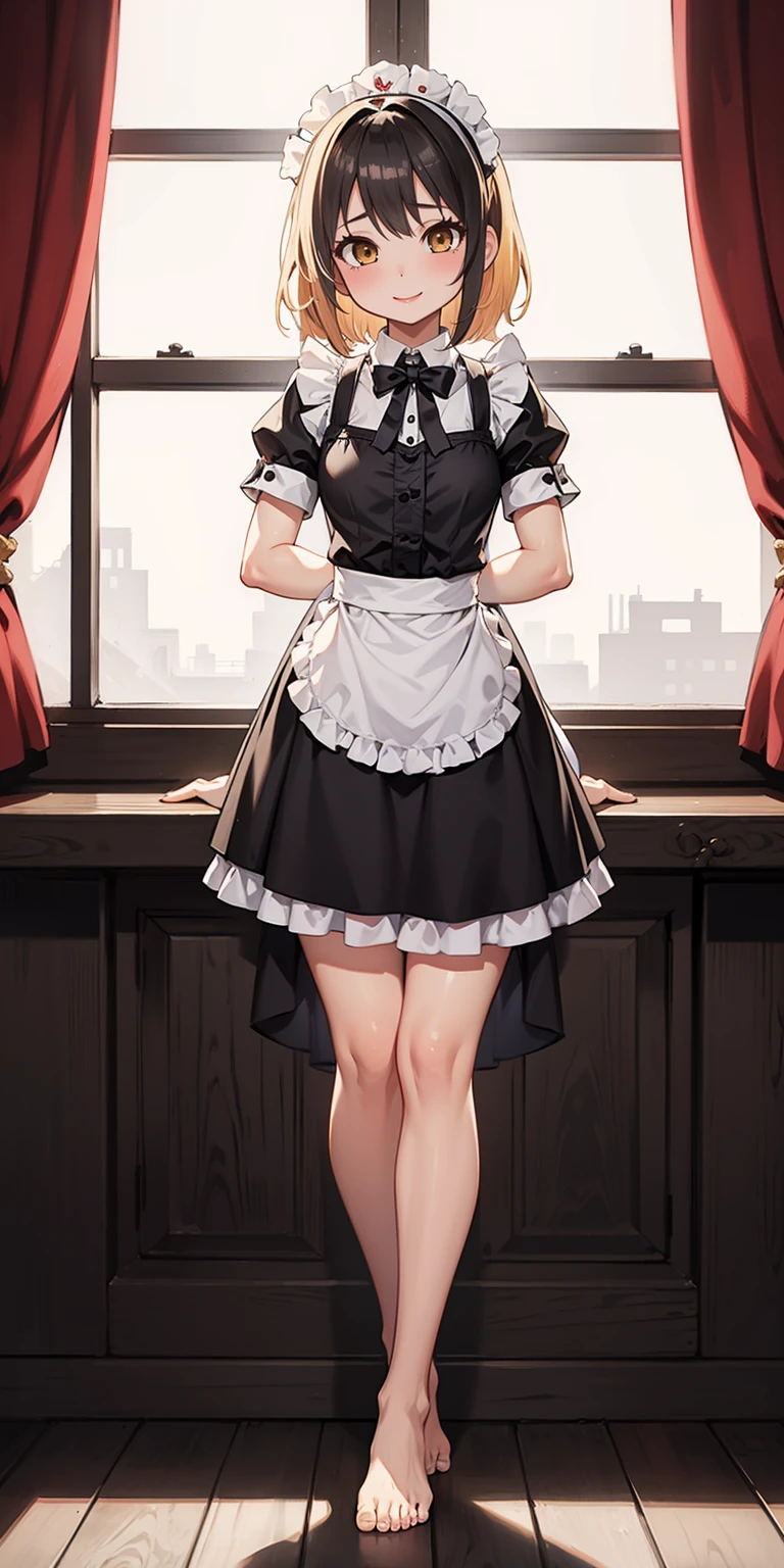 1girl, cute, ((Short black hair girl and long blonde hair girl)), maid victorian, maid apron, straight face, dazed, Body position: Standing, straight, symmetrical, barefoot, Lustful smile on face with red blush,
