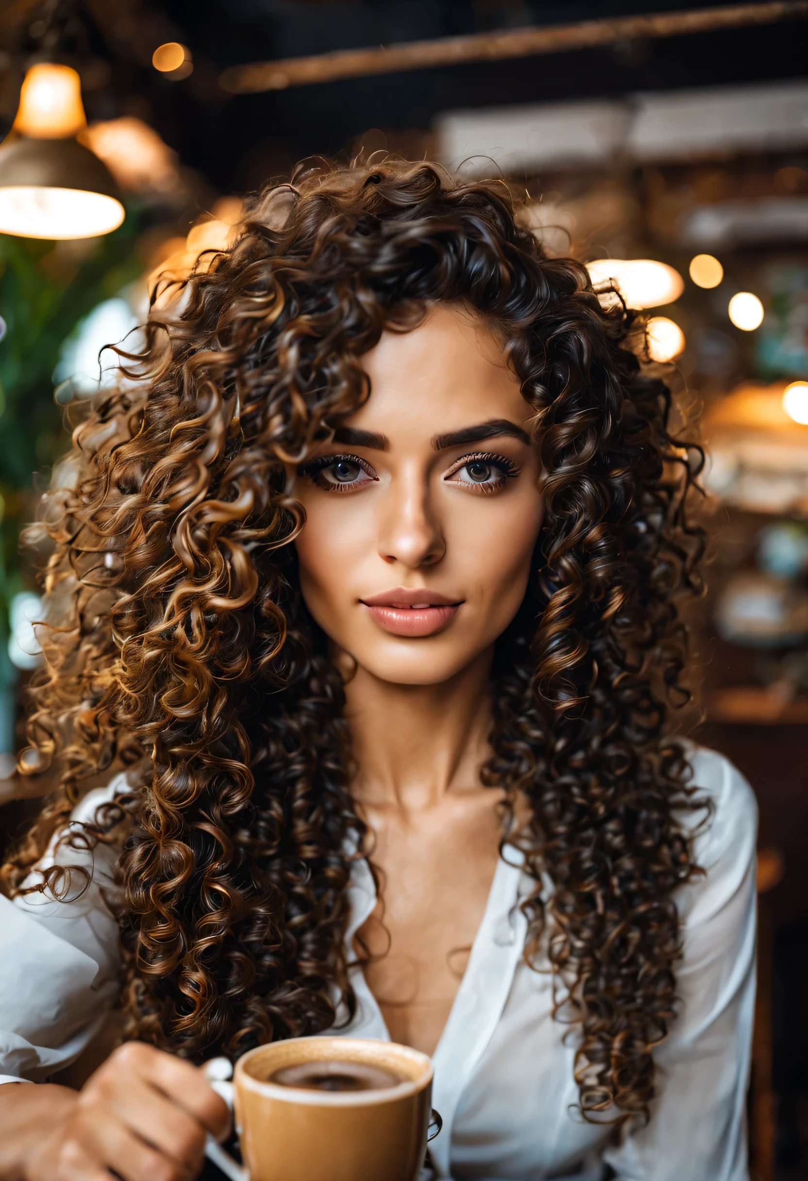 "Imagine Isabella Oliveira, 25 years old. Her long curly hair dances softly, wearing a relaxed and formal ensemble that highlights the natural beauty of Brazil. (Isabella is making a cute selfie in a coffee shop). Capture the serenity in her eyes.