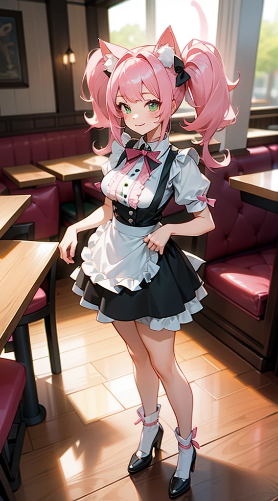 1 girl,alone,smile,teeth,White and black maid clothes,medium breasts,pink cat ears,light pink hair,Mega Twin Tails,green eyes,(((standing in a restaurant))),