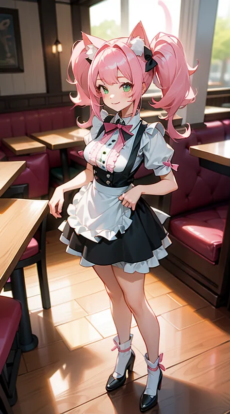 1 girl,alone,smile,teeth,white and black maid clothes,medium breasts,pink cat ears,light pink hair,mega twin tails,green eyes,((...