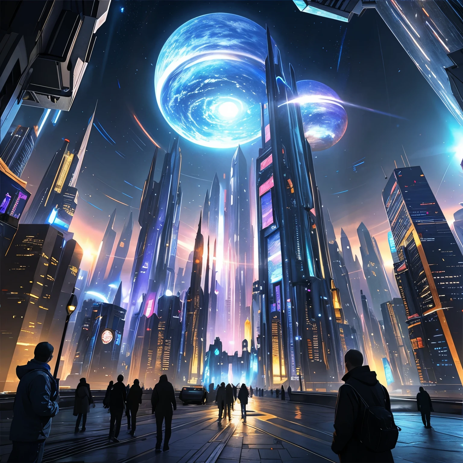 ((Top Qualität, 8k, Meisterwerk: 1.3))，Futuristische Stadt，Konzeptkunst zu Zeit und Raum，Fantasievolles Gespür für Zukunftstechnologie，Hightech-Blauverschiebungs-Rendering，große Szenen，Konzeptkunst mit 16k-Auflösung，Konzeptkunst in 8K-Auflösung，8k Konzeptkunst，8K-Konzeptkunst mit hohem Detailgrad，Fantasy-Science-Fiction-Stadt，Atmosphärische Konzeptkunst，8k Konzeptkunst，bunte Blendung，Metaverse-Weltraumszene，Lichtlinien，Dynamisch，Schönes Gefühl von Technologie，Lichtmalerei-Rendering，niemand