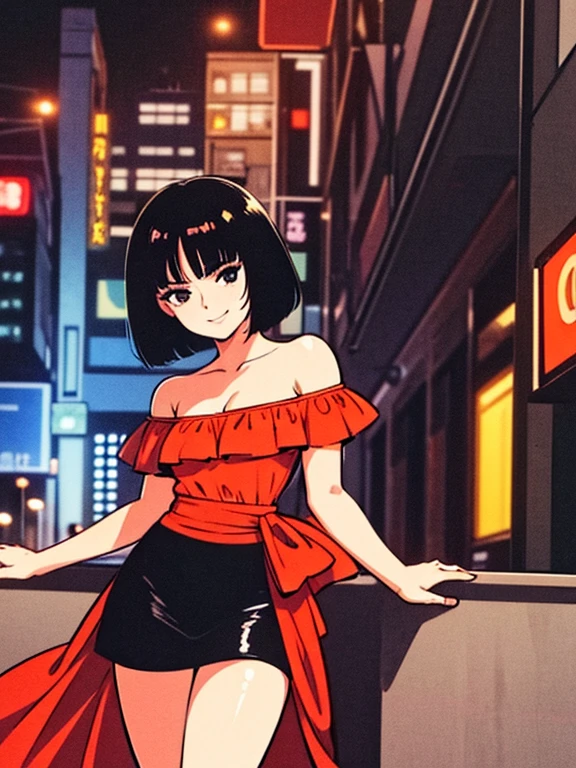 1 girl, Teenage, Black hair, Short black hair, Medium Hair, Bob Hair, Black eyes, off shoulder dress, orange ruffle off the shoulder top, long black skirt, Flamenco Dress, Flamenco dancer, Smile, standing up, looking at viewer, the city street, Sexy, nighttime, masterpiece, High quality, headshot portrait, Close up