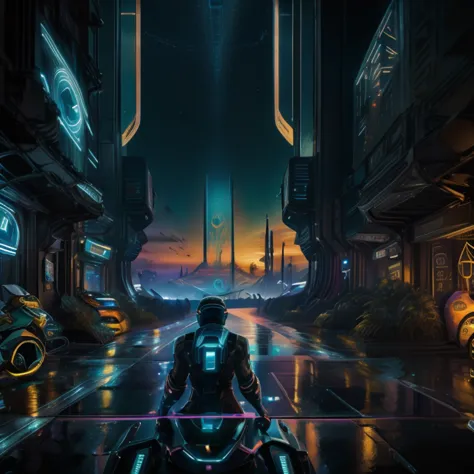 cyber punk, tron inspired, city landscape, pyramids and towers, sunset and starry night