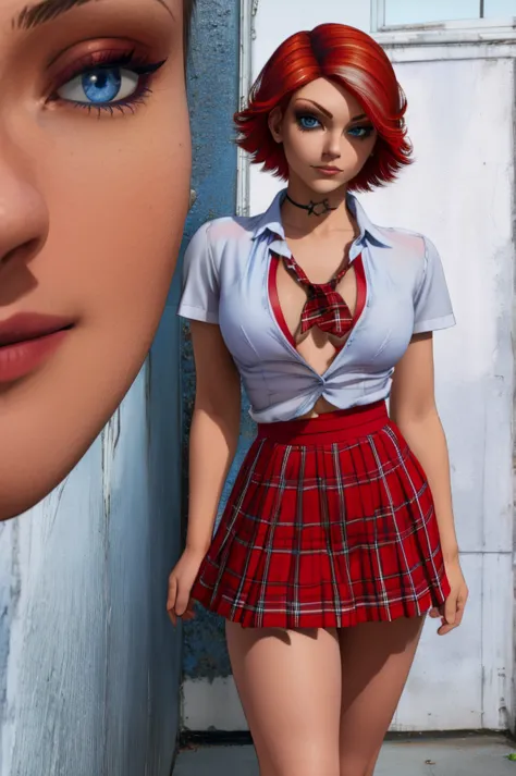 Joanna Dark,solo,short hair,blue eyes,red hair,1 girl, beautiful, masterpiece, hyper realistic, detailed, school uniform, white ...