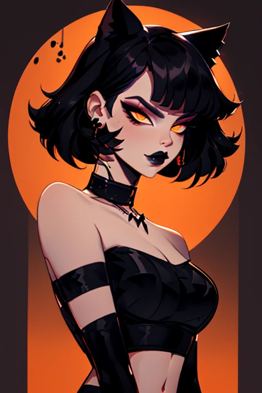 absurdres, upper body, black background,
1girl, solo, looking at viewer, short hair, black hair,  crop top, cat ears, busty, animal ears, sleeveless, strapless, orange eyes, upper body, makeup, choker,  lipstick, eyeshadow, orange background, black lips