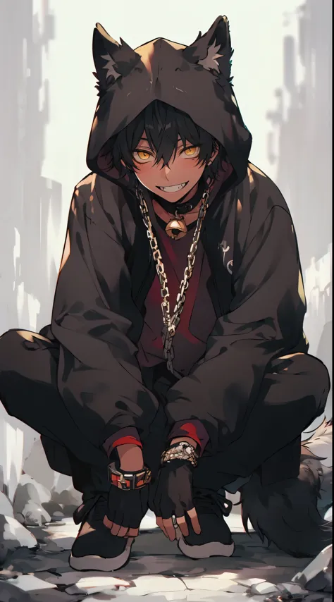 beautiful young man, brown skin, black hair, yellow eyes, Wearing a hood with wolf ears, black clothes, Lock, squat, A smile showing fangs,high quality, Amount to draw, pixiv illustration