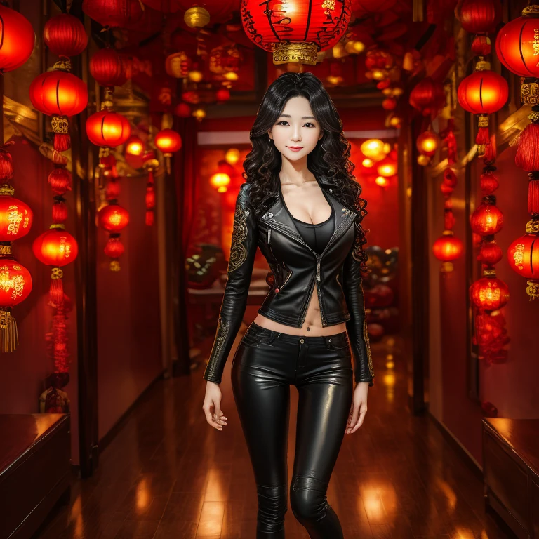 wavy hair wavy hair，Wear a sexy tight leather jacket，，skinny jeans，Behind photo。The room is filled with Chinese New Year decorations（（（masterpiece）））， （（best quality））， （（intricate details））， （（Surrealism））（8k）