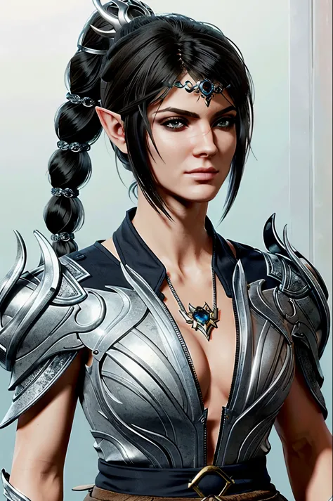 (masterpiece, best quality:1.3)
BGShadowheart, 1girl, solo, long hair, jewelry, closed mouth, upper body, ponytail, braid, black hair, pointy ears, necklace, looking at viewer, elf, realistic looking at, full body, armor