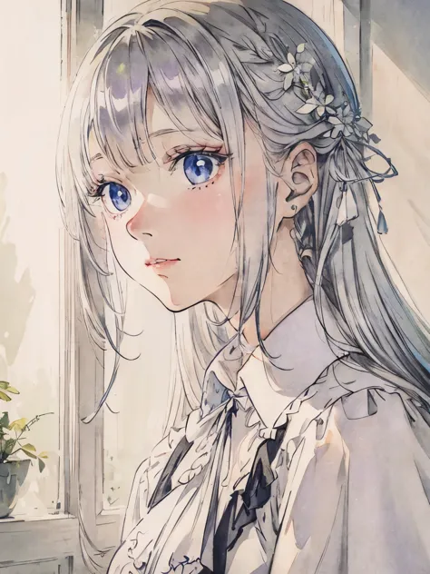 Silver-haired long、close up of face、By the window、white light、photo studio、soft、pale colour、detailed、Lean、shirt、Colored pencil s...