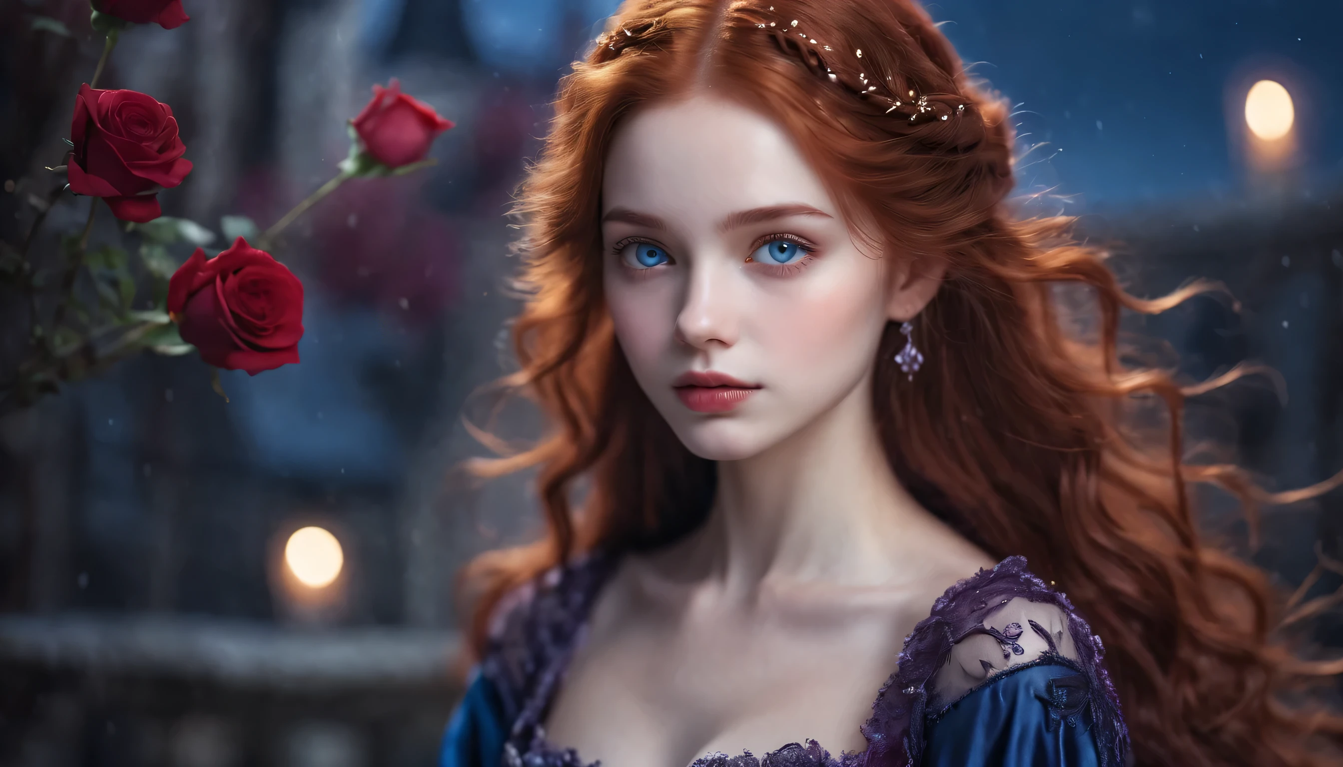 2 girls, two girls, Vampire Princesses,,breathtakingly beautiful,blue eyes, long curly red hair,(best quality,4k,8k,highres,masterpiece:1.2),ultra-detailed,(realistic,photorealistic,photo-realistic:1.37),softly glowing pale skin,pure blooded,porcelain-like complexion,elegant and refined features,graceful posture,dark and mysterious atmosphere,gothic fashion,flowing black lace dress,touch of red in her clothes,dainty silver jewelry with ruby accents,subtle yet captivating smile,slightly pointed canines,translucent wings resembling bat wings,subtle shimmering effect on her wings,gardens filled with blooming blood roses,vivid red petals contrasted with the darkness,enchanting moonlit night,dark and hauntingly beautiful castle in the background,splashes of moonlight illuminating her ethereal beauty,dark shadows and dramatic lighting,icy stare that freezes the hearts of those who dare to meet her gaze,air of authority and power,symbol of both danger and allure,night sky filled with swirling mist and sparkling stars,subtle color palette with shades of deep blue,purple,and black,subdued lighting with soft moonlight casting an ethereal glow,vibrant yet elegant style,with a touch of darkness and mystery,portraits,fantasy,horror.