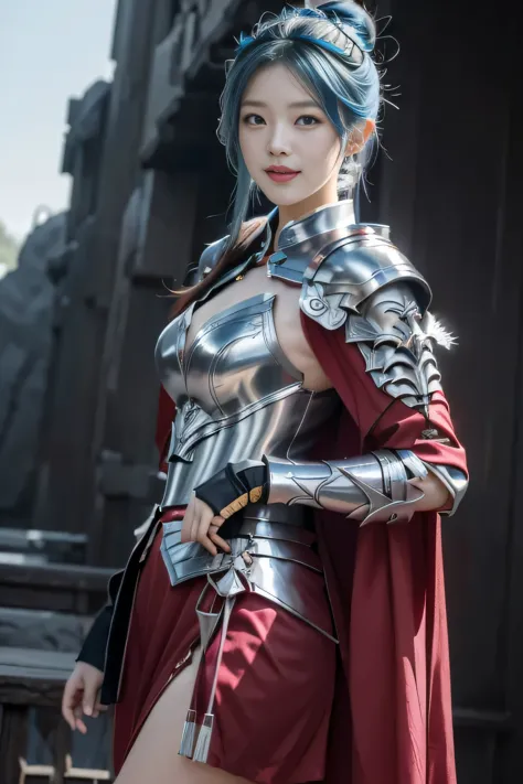 Chinese female general Hua Mulan，Saffron Hu suit lining，Detail the eyes，Crimson cape，Silver metal breastplate，silver helmet，batt...