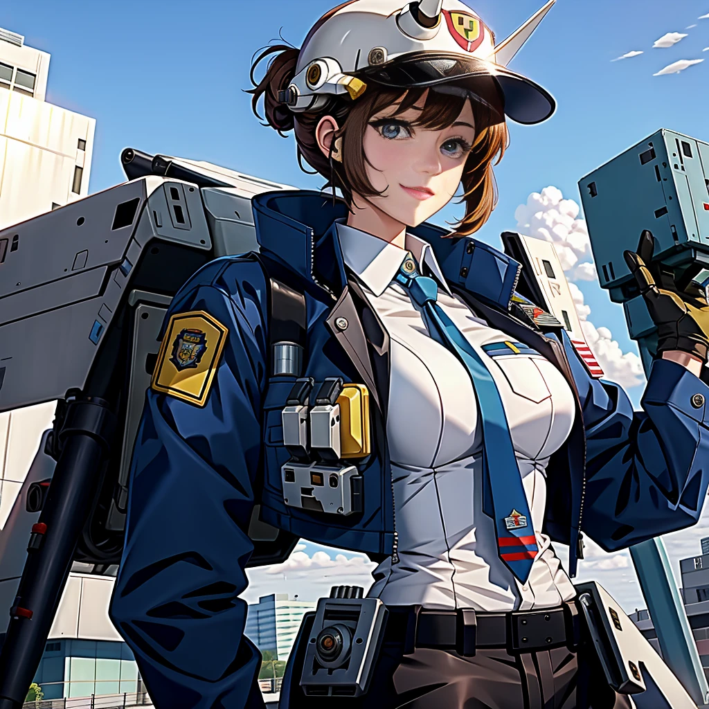 ground_destroyed  robot from Patlabor, destroyed civil robot from Patlabor, Ingram of Patlabor, brown_hair, jacket, sitting, gloves, long_sleeves, pants, patlabor, 1girl, sky, necktie, yellow_neckwear, riding, shirt, outdoors, police_uniform, collared_shirt, helmet, vest, bangs, day, police, smile, white_shirt, blue_sky, standing, shoes, short_hair, blue_jacket, city, from_side, looking_down, headwear_removed, straddling, oldschool, black_footwear, patlabor_uniform, gun, blue_background, shadow, white_gloves, giant robot, science_fiction, blue_pants, boots, bowtie, 1990s_(style), holding, looking_away, open_clothes, black_neckwear, closed_mouth, police woman, open_jacket, blazer, wing_collar, cloud, looking_afar, black_jacket, Ingram of Patlabor in backgroud, destroyed robot in backgroud, destroyed robot from Patlabor