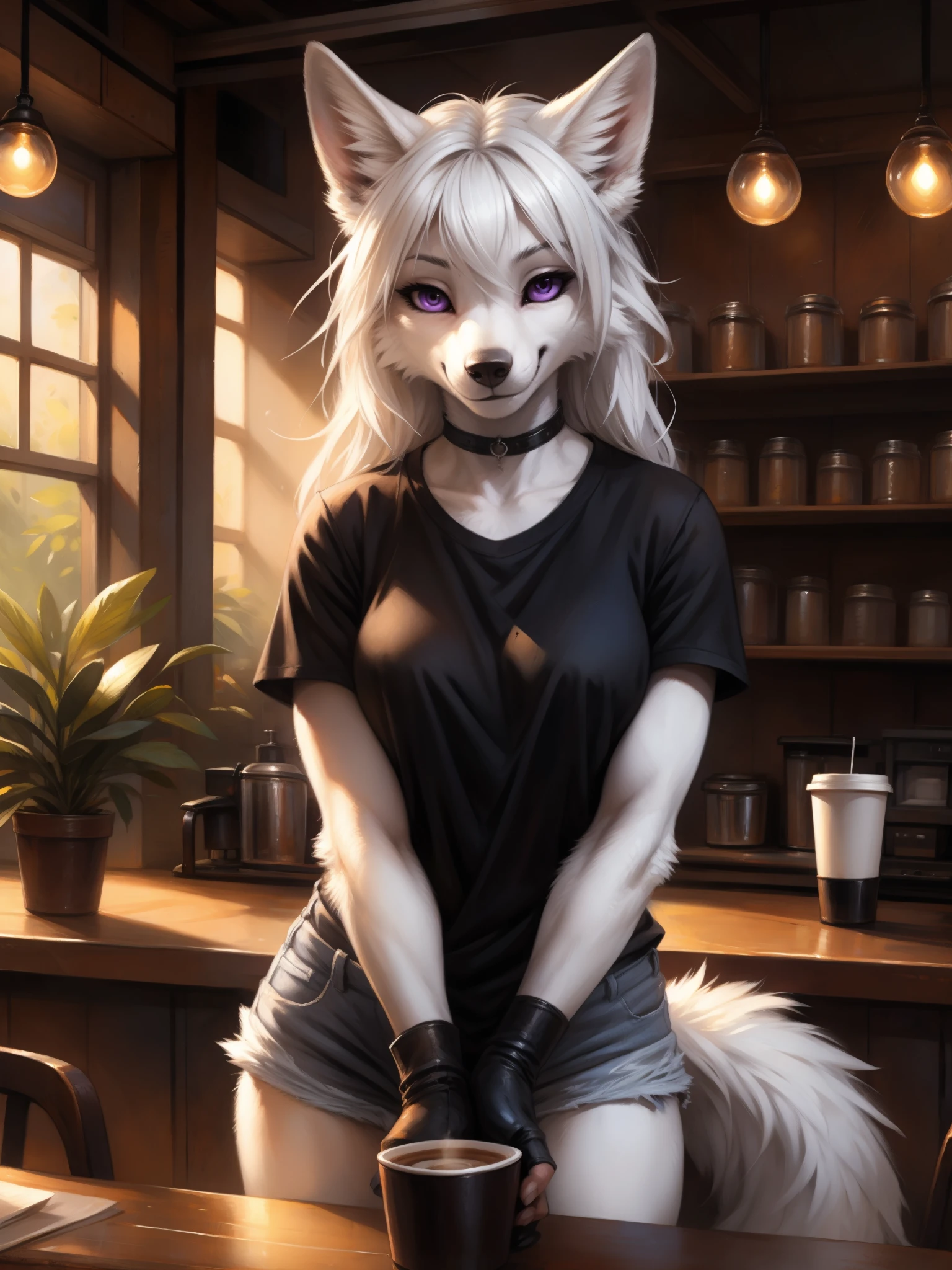 by kenket, by totesfleisch8, (by thebigslick, by silverfox5213:0.8), (by syuro:0.2), an all white wolf, female, purple eyes, white sclera, white wolf ears, long white hair, long white bangs, hair parted in the middle, cute snout, black nose, wolf tail, wearing black t shirt, black arm warmers, fingerless black gloves, black choker, jean shorts, black boots, indoors, in a cafe, holding a paper cup of coffee, front view, bending over, grinning, pov, handing viewer a single cup of coffee