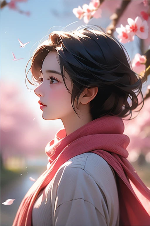 1girl, bird, black eyes, black hair, blurry, blurry background, cherry blossoms, lips, long-tailed tit, looking up, medium hair, profile, scarf, solo, tit (bird) , ((masterpiece))